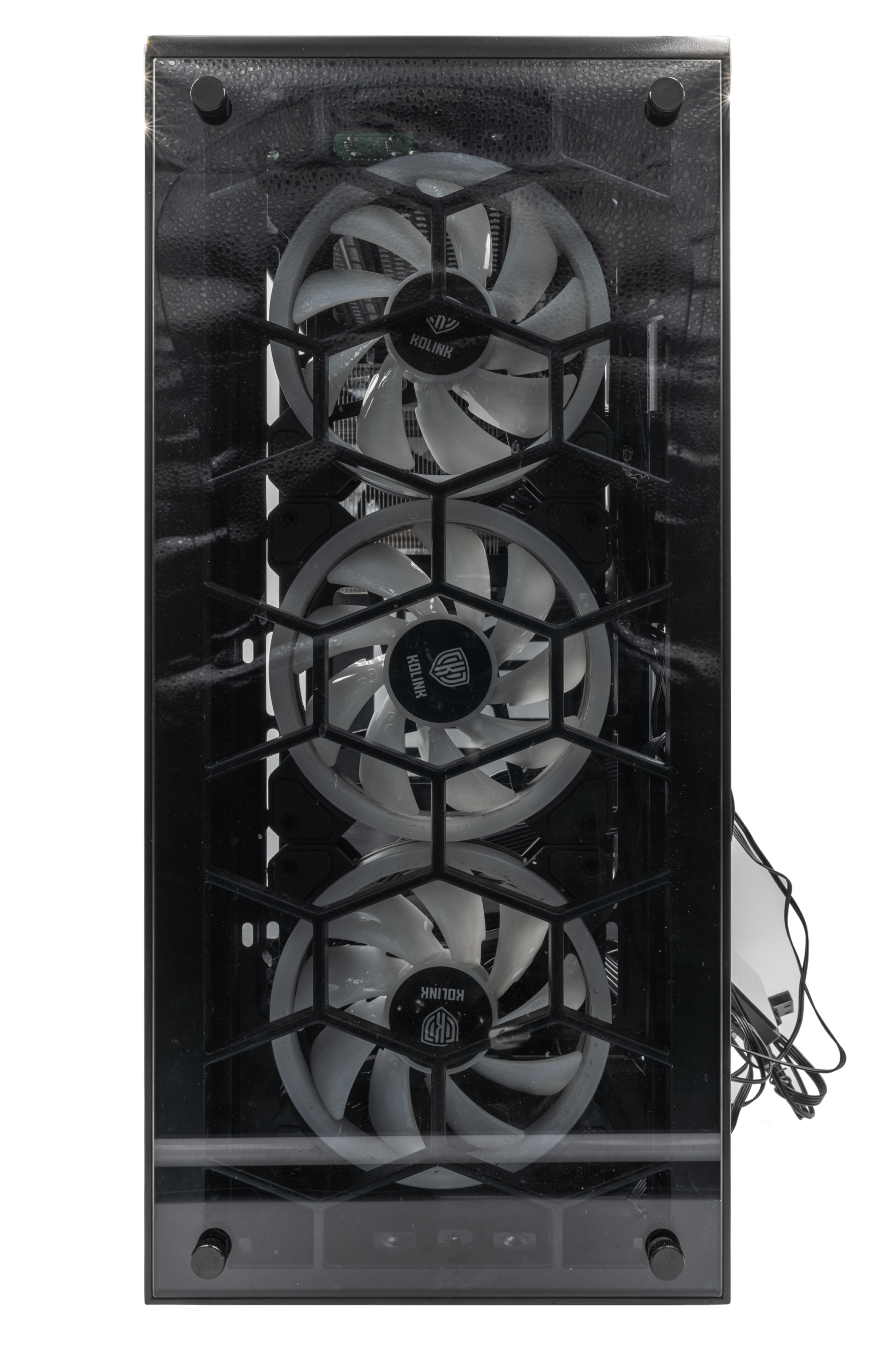 Inside of a gaming PC with RGB lighting and a graphics card installed