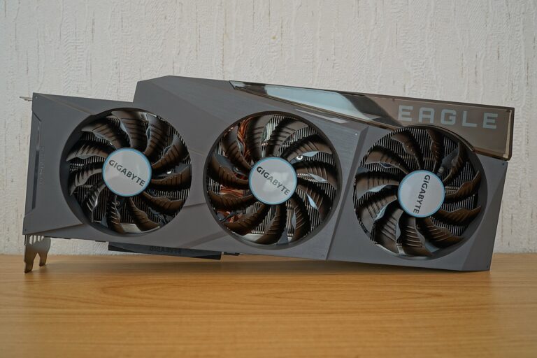 A GeForce RTX graphics card with triple fans, the hardware that powers NVIDIA DLSS 5