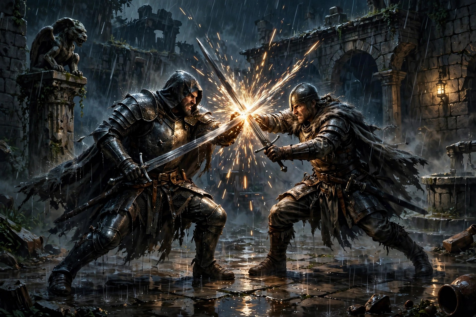 Two warriors clashing swords in a rain-soaked courtyard at night, original AI illustration