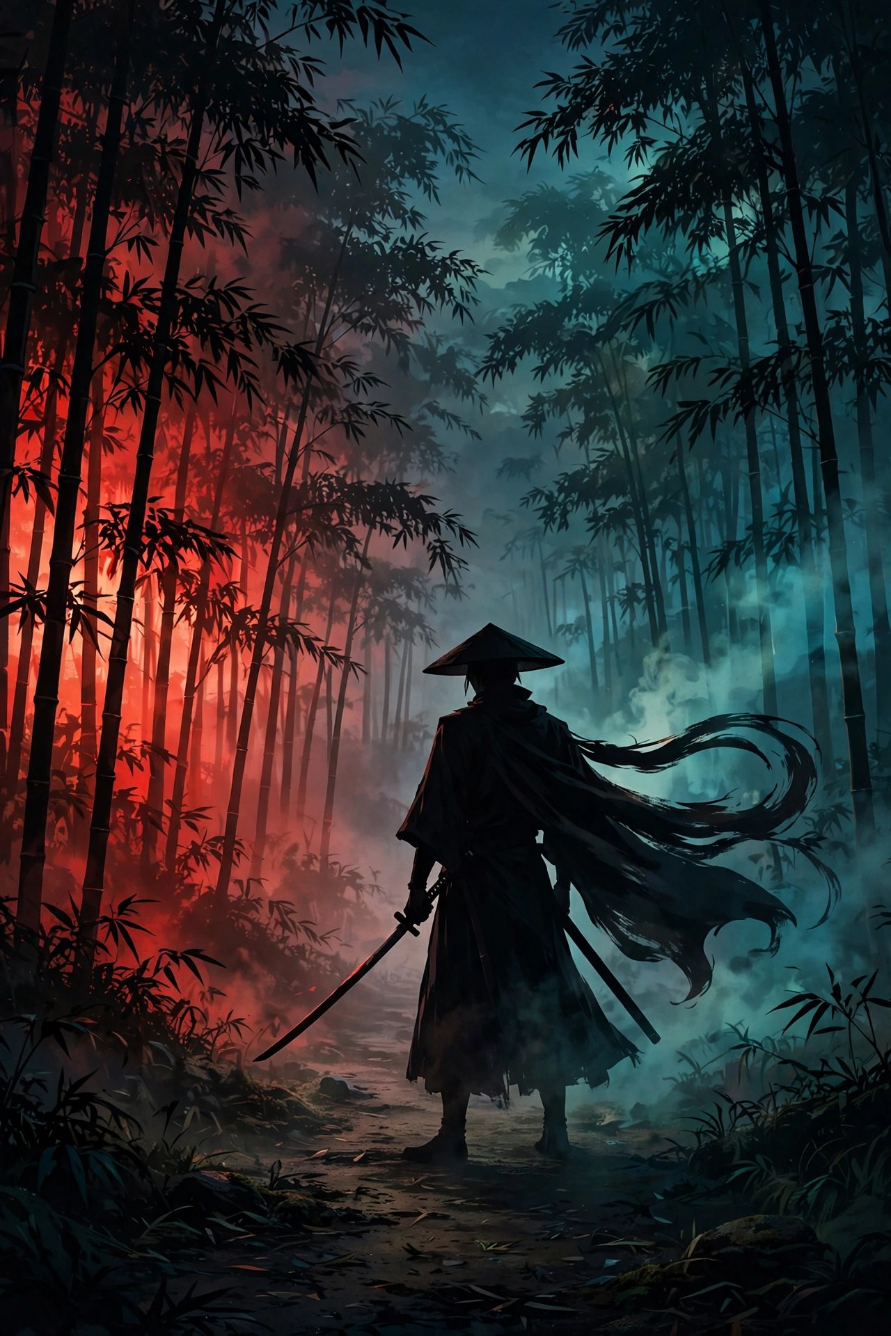 Wuxia swordsman silhouette on a misty forest path at dusk, original AI illustration