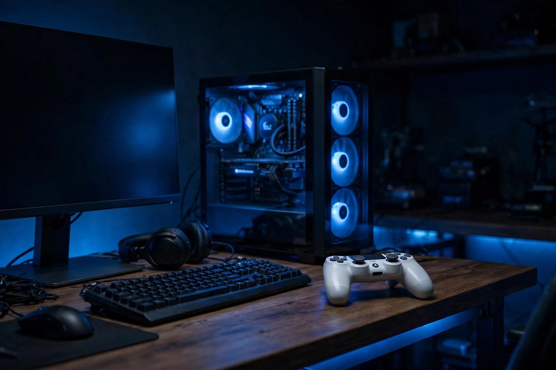 Gaming controller on a desk beside a PC and monitor in a dark room