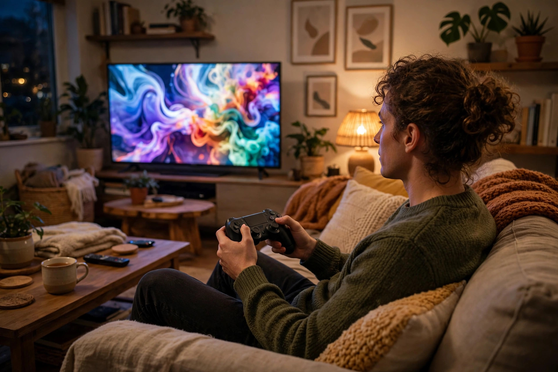 A player on a couch holding a controller while playing a game on a television in a living room