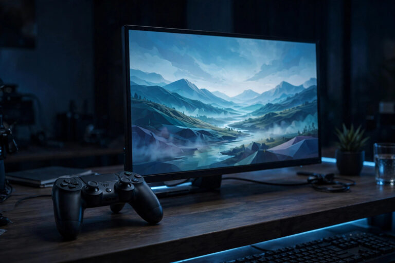 A gaming controller on a desk beside a monitor showing a generic landscape scene in a dark room