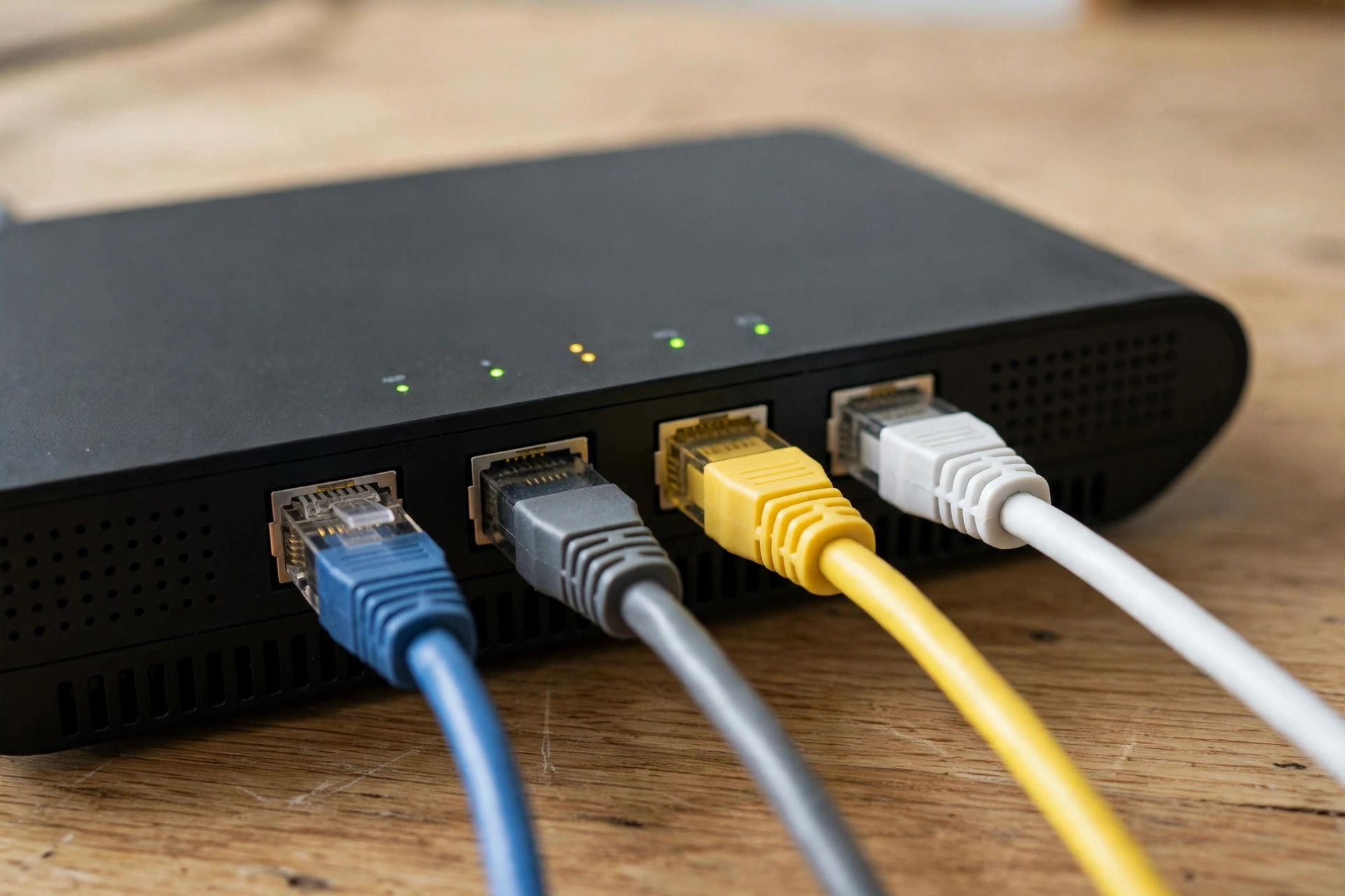Ethernet cables plugged into a home router with status lights on a wooden desk